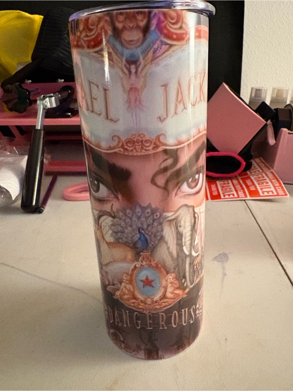 Decorative Tall Travel Tumbler with Pink and Blue Artwork